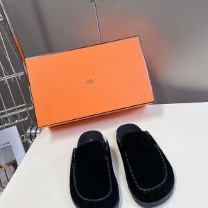 Hermes Women Black Suede Slippers