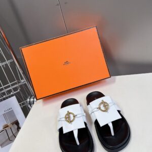 Hermes Women White Leather Black Sole Sandals