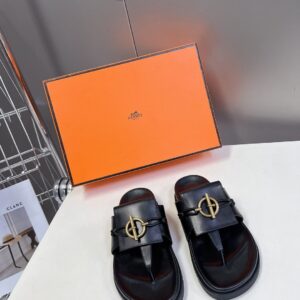 Hermes Women Black Leather Sandals