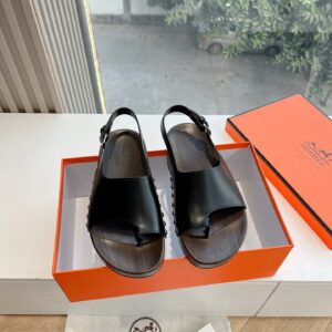 Hermes Women Black Leather Slingback Sandals