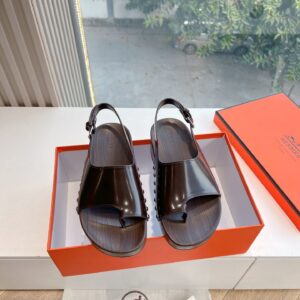 Hermes Women Dark Brown Leather Slingback Sandals