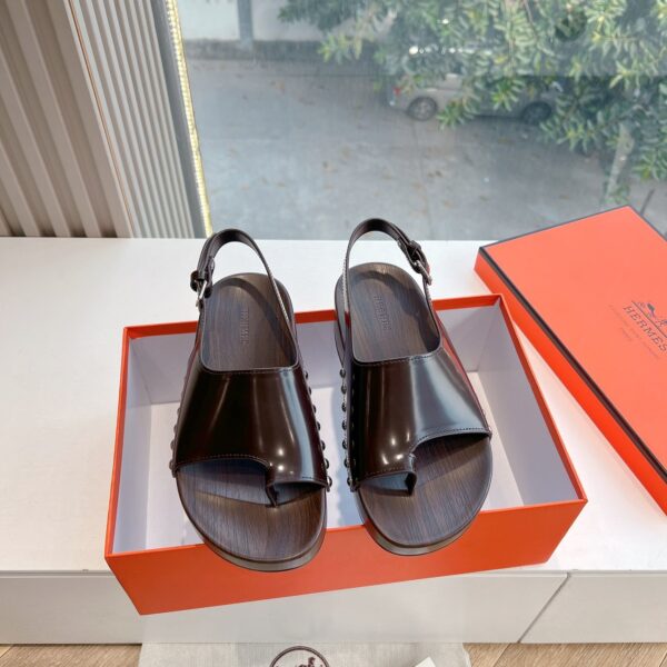 Hermes Women Dark Brown Leather Slingback Sandals