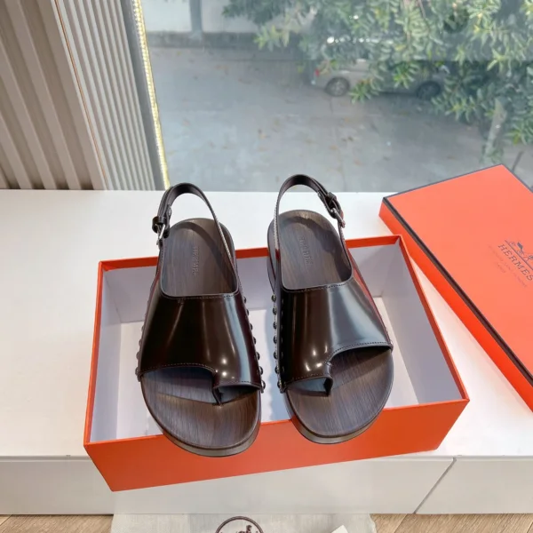 Hermes Women Dark Brown Leather Slingback Sandals