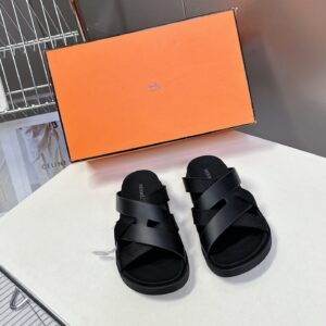 Hermes Women Black Leather And Fabric Sandals