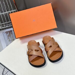 Hermes Women Tan Leather And Fabric Sandals