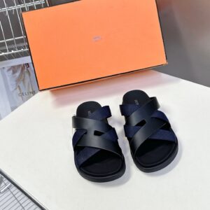 Hermes Women Navy Blue Leather And Fabric Sandals