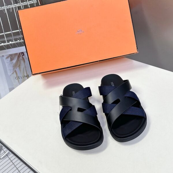 Hermes Women Navy Blue Leather And Fabric Sandals