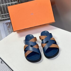 Hermes Women Navy Blue Leather And Brown Sandals