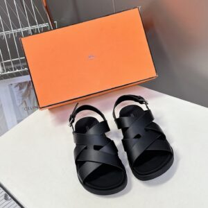Hermes Women Black Leather Strappy Sandals