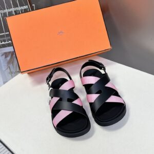 Hermes Women Black Pink Leather Strappy Sandals