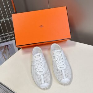 Hermes Women White Mesh Leather Sneakers