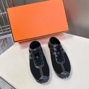 Hermes Women Black Mesh Leather Sneakers