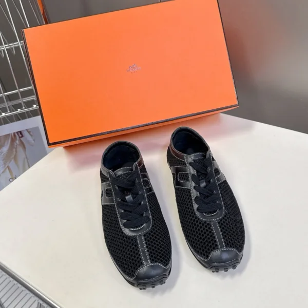 Hermes Women Black Mesh Leather Sneakers