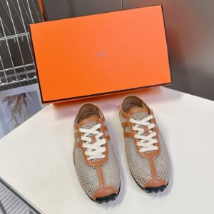 Hermes Women Beige Mesh And Tan Leather Sneakers