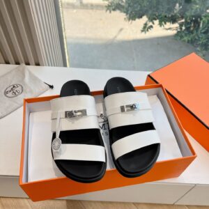 Hermes Women White Leather Straps Flat Sandals