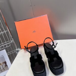 Hermes Women Black Suede Leather Sandals