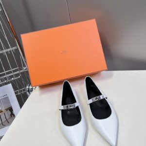 Hermes Women White Leather Pointed Mary Jane Flats
