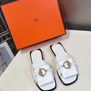 Hermes Women White Leather Mules