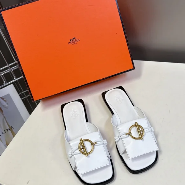 Hermes Women White Leather Mules