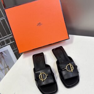 Hermes Women Black Leather Slippers