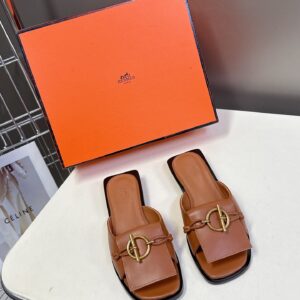 Hermes Women Brown Leather Flat Mules