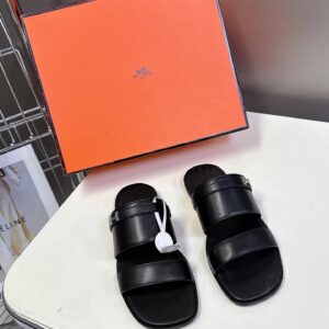 Hermes Women Black Leather Flat Sandals