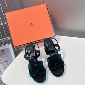 Hermes Women Dark Green Suede Sandals