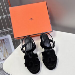 Hermes Women Black Suede Sandals