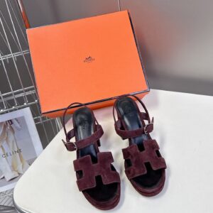 Hermes Women Burgundy Suede Heels