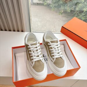 Hermes Women Beige Suede White Leather Sneakers