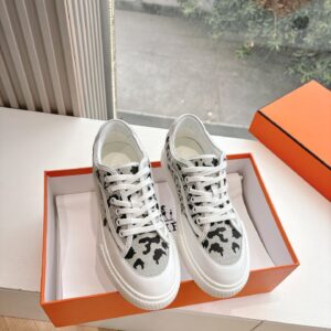 Hermes Women White Canvas Leopard Print Sneakers