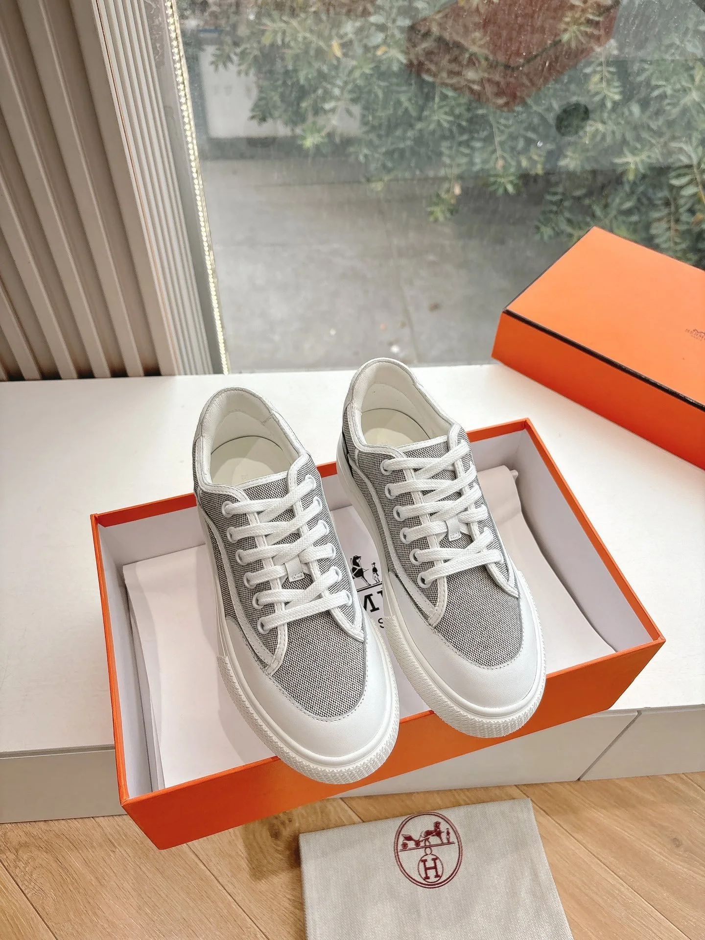 Hermes Women White Gray Mesh Canvas Sneakers