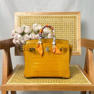 Hermes Birkin 25cm Amber Yellow Crocodile Leather Silver Hardware