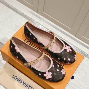 LV Women Brown Canvas Pink Floral Patterned Flats