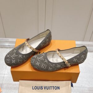LV Women Gray Fabric Studded Strap Flats
