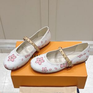 LV Women White Leather Pink Floral Mary Janes