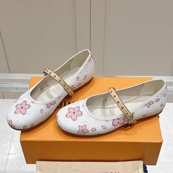 LV Women White Leather Pink Floral Mary Janes