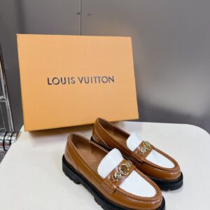 LV Women Brown White Leather Loafers