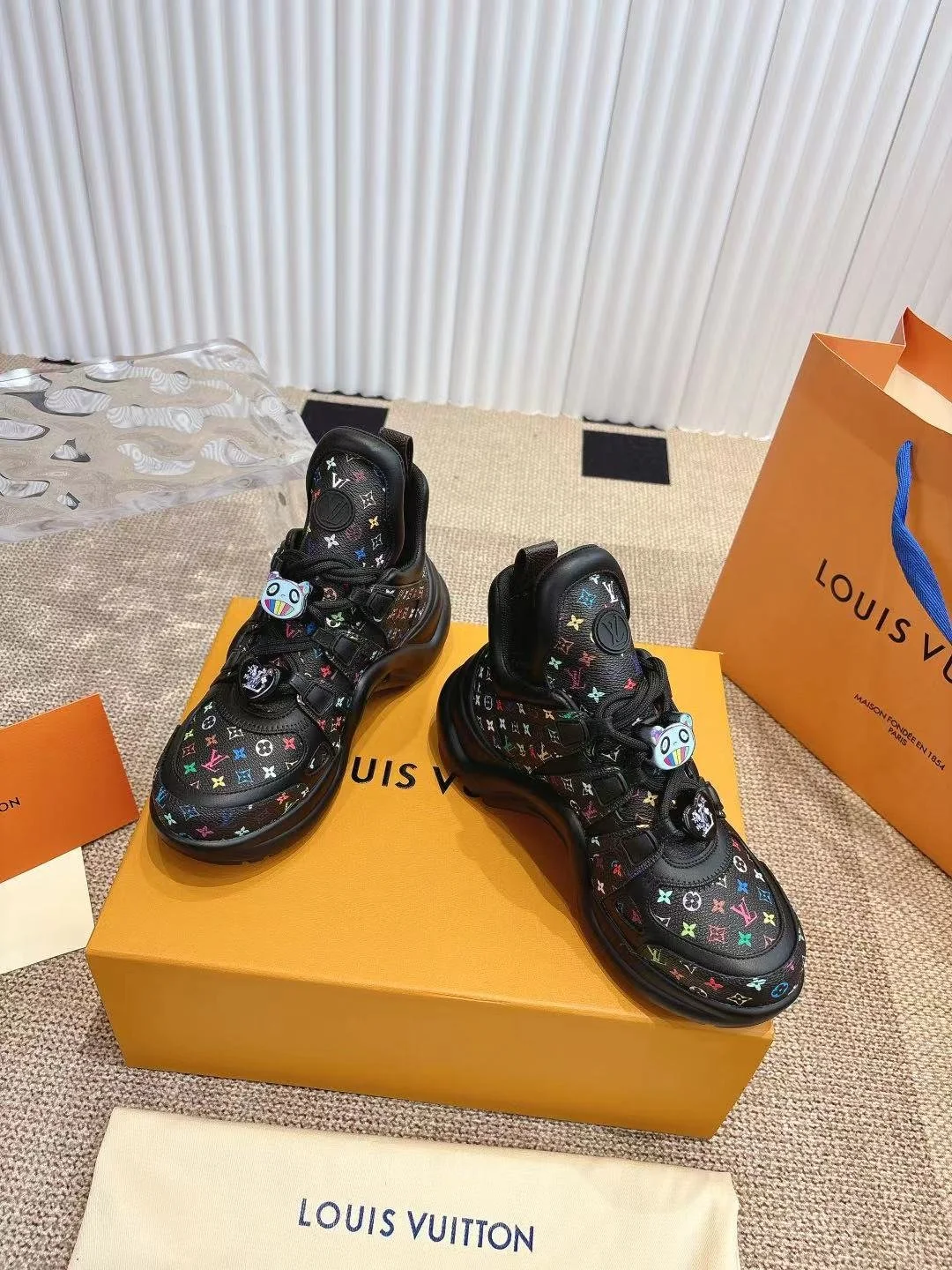 LV Women Black Leather Multicolor Logo Sneakers
