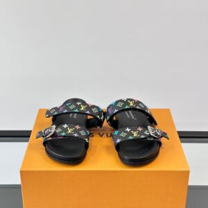 LV Men Black Multicolor Canvas Straps Sandals