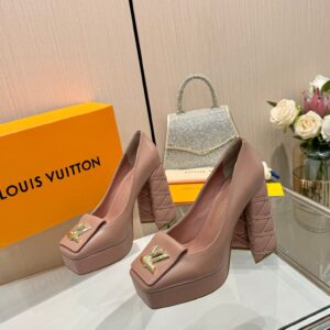 LV Women Pink Leather Quilted Block Heels