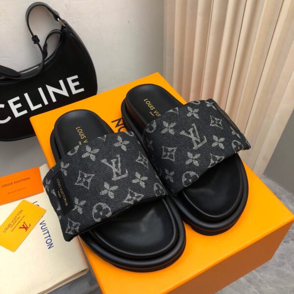 LV Women Black Canvas Monogram Slide Sandals