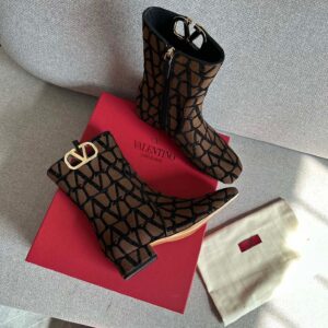 Valentino Women Brown Fabric Logo Pattern Boots
