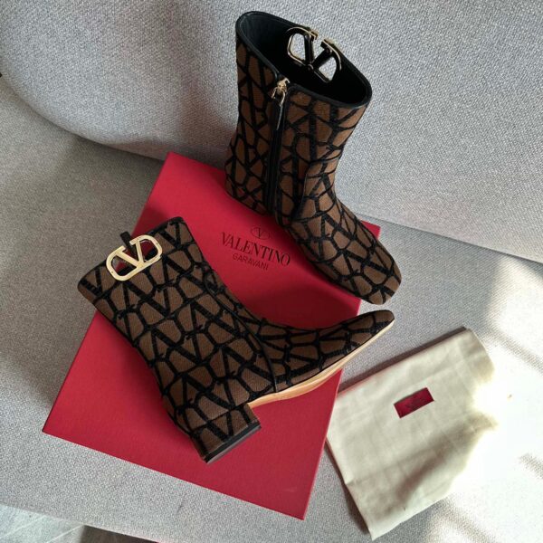 Valentino Women Brown Fabric Logo Pattern Boots