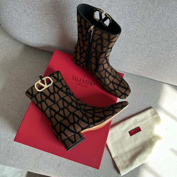 Valentino Women Brown Fabric Logo Pattern Boots