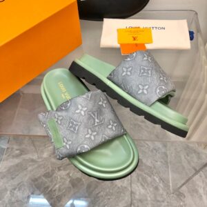 LV Women Green Fabric Strap Slippers