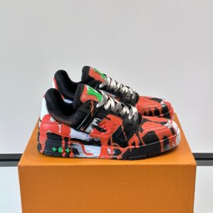LV Men Black Red Painted Leather Sneakers