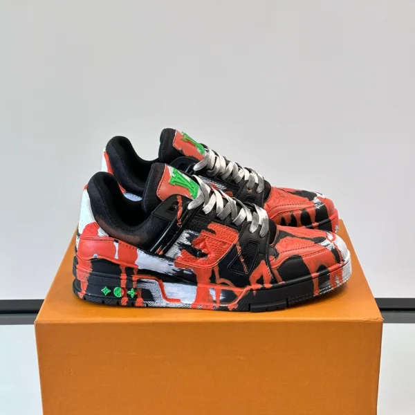 LV Men Black Red Painted Leather Sneakers
