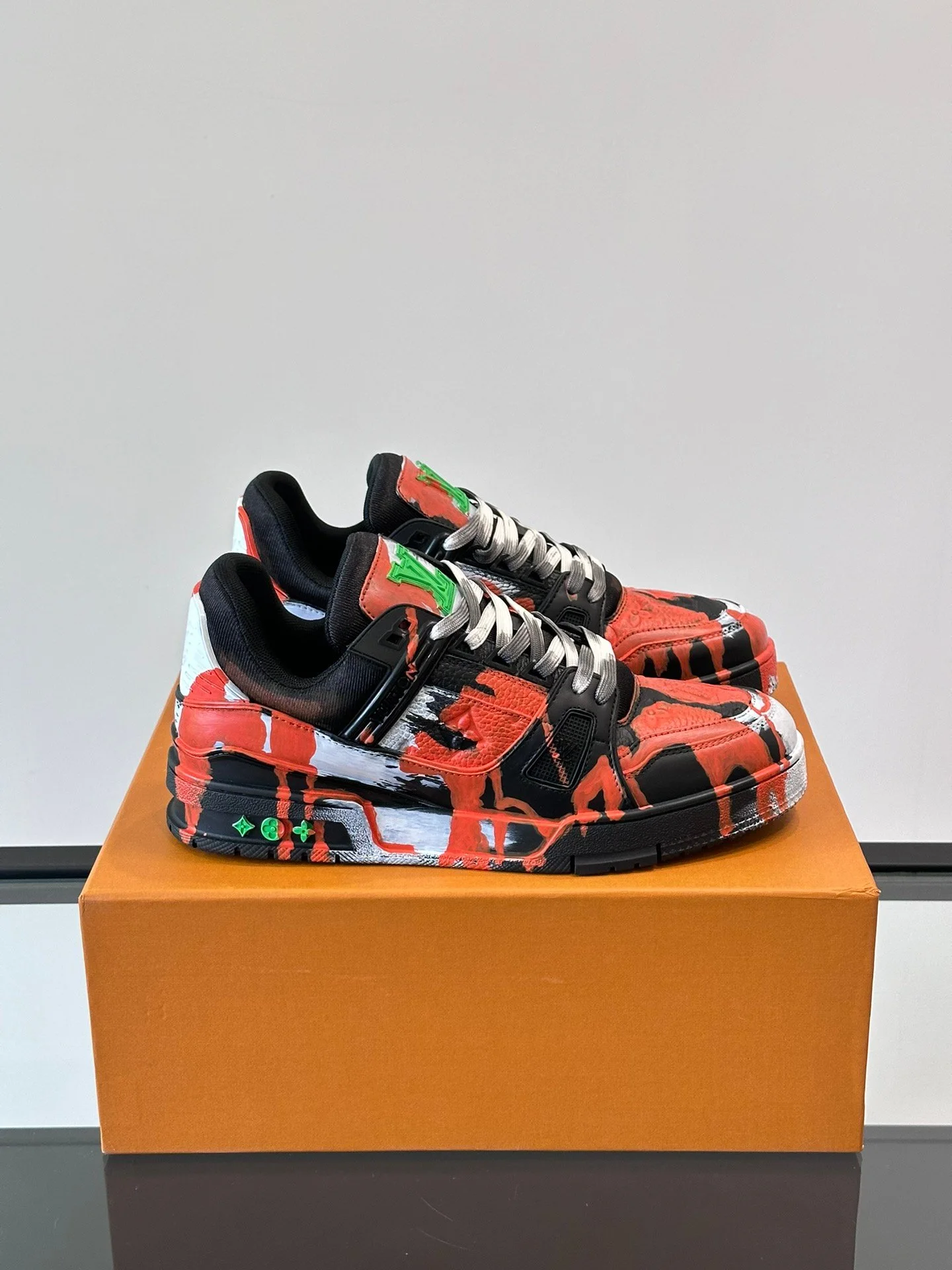LV Men Black Red Painted Leather Sneakers