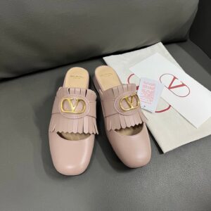 Valentino Women Pink Leather Fringe Mules